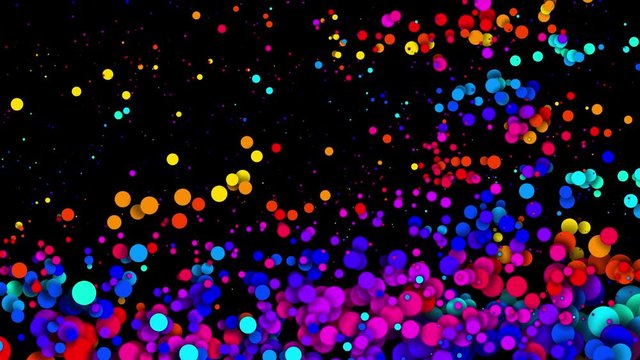 4k looped seamless abstract background, beautiful multi-colored circles in flat style like paint bubbles or dye droplets in water. Luma matte as alpha channel. Particles increase and decrease 10