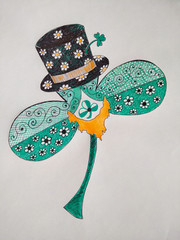 St Patrick day, green hand drawn clover, shamrock illustration, orange beard, black hat sketch