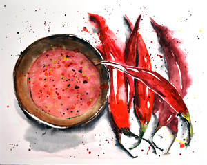 Watercolor chili peper set on white with a plate