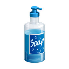Plastic bottle of blue liquid soap with dispenser, isolated vector illustration on white background