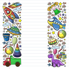 Vector pattern with toys for little kindergarten children. Dinosaur, teddy bear, rocket, ship, airplane, balloon, car, motorcycle, truck.