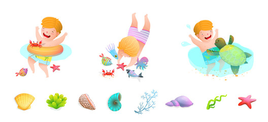 Cute little boy playing happy with sea animals swimming, collection of shells and water creatures.