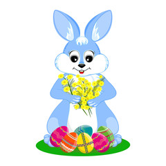 Fototapeta na wymiar Cute Easter Bunny with Easter eggs. The hare holds Mimosa branches. Vector