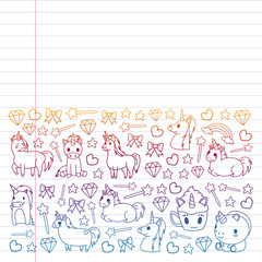 Children pattern with fairy tale unicors for kids clothes, posters, banners, shirts. Vector image with cartoon character.