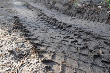 Traces of the tread of a truck tire on the ground, dirt. Track.