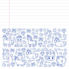 Children pattern with fairy tale unicors for kids clothes, posters, banners, shirts. Vector image with cartoon character.