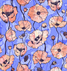 Hand drawn seamless pattern with watercolor poppy flower head