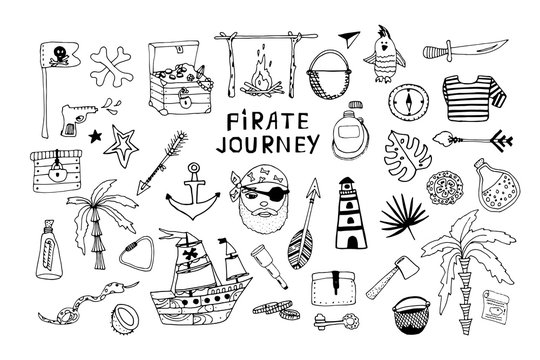 Set of hand drawn pirate and nautical elements, pirate, ship, chest, compass. Vector doodle black and white illustration. The concept of travel, adventure, design of children's products.