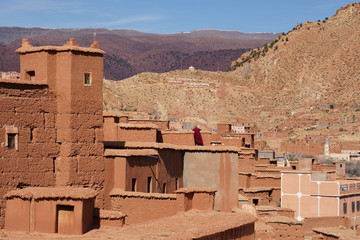 Traditional Berber village with clay houses with flat roofs, High Atlas Mountains, Morocco