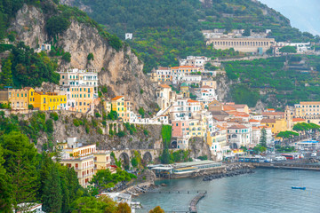 Naklejka premium Amalfi cityscape on coast line of mediterranean sea, Italy