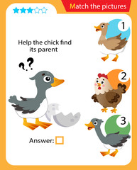 Matching game, education game for children. Puzzle for kids. Match the right object. Help the chick or nestling find its parent.