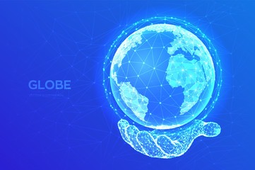 Earth globe illustration. Abstract polygonal planet in hand. Low poly design. Global network connection. Blue futuristic background with planet Earth. Internet and technology. Vector illustration.