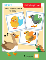 Matching game, education game for children. Puzzle for kids. Match the right object. Help the duck find its nestling.