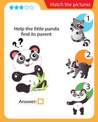 Matching game, education game for children. Puzzle for kids. Match the right object. Help the little panda find its parent.