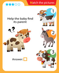 Matching game, education game for children. Puzzle for kids. Match the right object. Help the little calf find its parent.