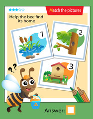 Matching game, education game for children. Puzzle for kids. Match the right object. Help the bee find its home.