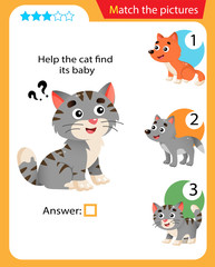 Matching game, education game for children. Puzzle for kids. Match the right object. Help the cat find its cub.