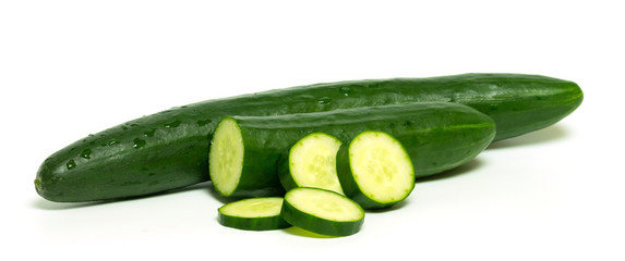 Fresh cucumber with cut and slice isolated on white background