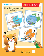 Fototapeta premium Matching game, education game for children. Puzzle for kids. Match the right object. Help the hamster find his home.