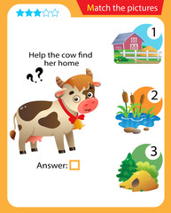Matching game, education game for children. Puzzle for kids. Match the right object. Help the cow find her home.