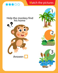 Matching game, education game for children. Puzzle for kids. Match the right object. Help the monkey find his home.