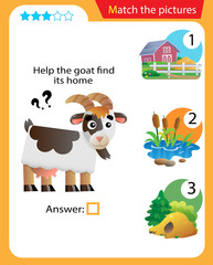 Matching game, education game for children. Puzzle for kids. Match the right object. Help the goat find its home.