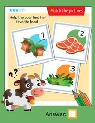 Matching game, education game for children. Puzzle for kids. Match the right object. Help the cow find her favorite food.