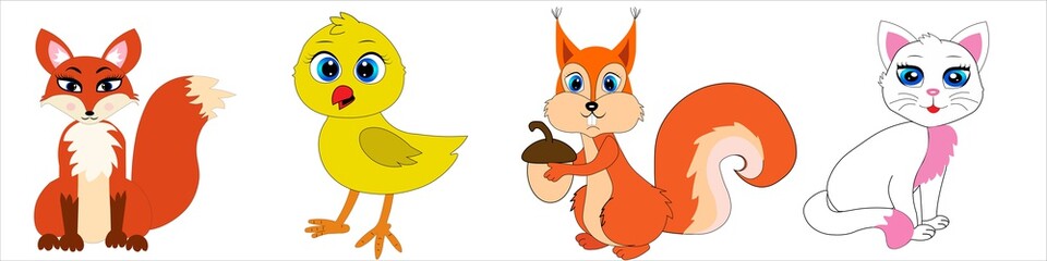 set of chicken cat squirrel animal illustration 