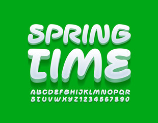 Vector bright logo Spring Time. Funny 3D Font. Handwritten Alphabet Letters and Numbers