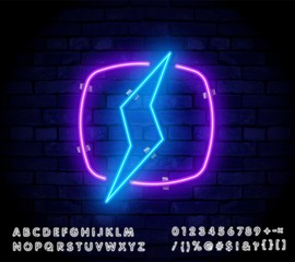 Neon sign of lightning signboard on the blue background. Vector illustration. Vector realistic isolated neon sign of energy for decoration and covering on the wall background. Concept of lightning and