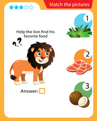 Matching game, education game for children. Puzzle for kids. Match the right object. Help the lion find his favorite food.