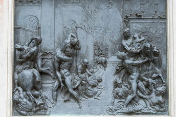 Florence, Italy.10.18.2015. Pedestal Detail,Sculpture of Rapture of the Sabines, by Giambologna, Florence