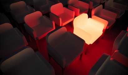 Fototapeta premium Concept or conceptual orange armchair standing out in a conference room as a metaphor for leadership, vision and strategy. A 3d illustration of individuality, creativity and achievement