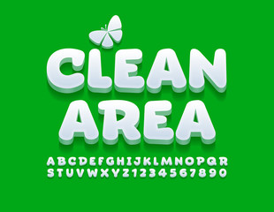 Vector banner Clean Area with decorative Butterfly, Playful 3D Font. White Alphabet Letters and Numbers
