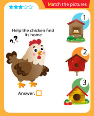 Matching game, education game for children. Puzzle for kids. Match the right object. Help the hen find its home.