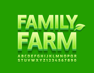 Vector green logo Family Farm. Glossy trendy Font. Modern Alphabet Letters and Numbers