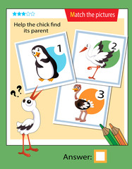 Matching game, education game for children. Puzzle for kids. Match the right object. Help the nestling find its parent. Stork.