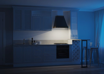 The interior of the kitchen in a private house. Light green kitchen in a classic style. Night. Evening lighting. 3D rendering.