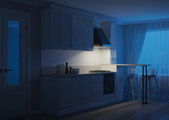 The interior of the kitchen in a private house. Light green kitchen in a classic style. Night. Evening lighting. 3D rendering.