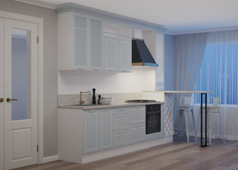 The interior of the kitchen in a private house. Light green kitchen in a classic style. Night. Evening lighting. 3D rendering.