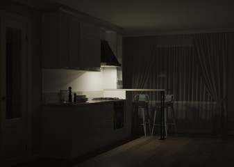 The interior of the kitchen in a private house. Light green kitchen in a classic style. Night. Evening lighting. 3D rendering.