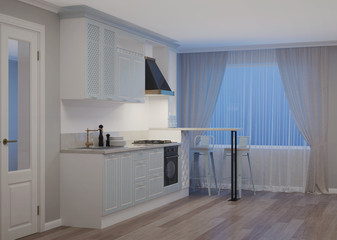 The interior of the kitchen in a private house. Light green kitchen in a classic style. Night. Evening lighting. 3D rendering.