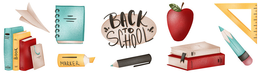 Stack of books, the inscription back to school, apple, pen, ruler cute textural digital art. Print for posters, banners, cards, invitation cards, web, textile, stationery, wrapping paper and boxes.