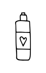 Hand drawn doodle White cosmetic bottle. Black stroke, simple line. Vector illustration isolated on white background.