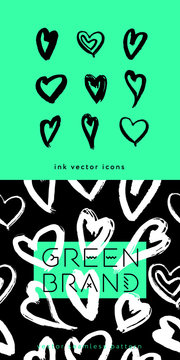 Green fashion pattern, eco fashion concept for green love banner template. Vector drawings of heart. Eco friendly seamless background. Aqua menthe colors. Crystal-clear waters. Love environment idea.