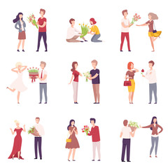 Young Men Giving Bouquet of Flowers to Beautiful Women, Romantic Couples in Love on Date, Holiday Congratulations Flat Vector Illustration