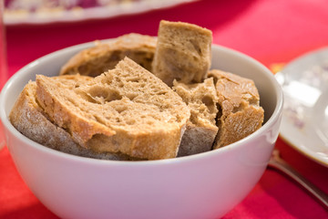 Served table with bread on the plate.