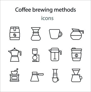 Coffee brewing methods simple line icon vector illustration. Contains icons such as chemex, v60, cezve, aeropress and more.