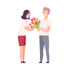 Man Giving Bouquet of Flowers to Beautiful Brunette Woman, Romantic Couple in Love on Date, Holiday Congratulation Flat Vector Illustration