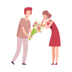 Man Giving Bouquet of Flowers to Beautiful Surprised Woman, Romantic Couple in Love on Date, Holiday Congratulations Flat Vector Illustration
